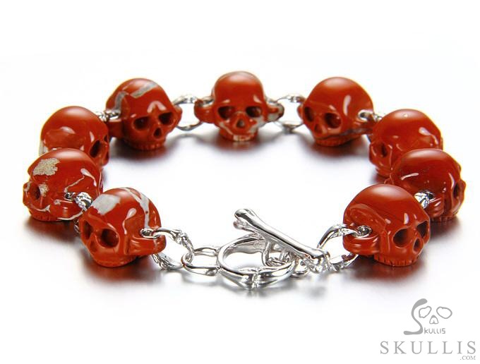 Red Vow - Bracelet of Hand Carved Red Jasper Skulls with 925 Sterling Silver, Crystal Healing Skull Jewelry, for Women & Men Red Vow - Bracelet of Hand Carved Red Jasper Skulls with 925 Sterling Silver, Crystal Healing Skull Jewelry, for Women & Men