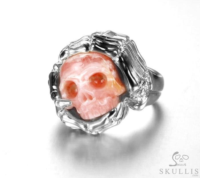 Embrace of Love - US size 9 Rhodochrosite Hand Carved Skull with Skeletal Hands in Silver Ring, Crystal Healing Skull Jewelry, for Women & Men Embrace of Love - US size 9 Rhodochrosite Hand Carved Skull with Skeletal Hands in Silver Ring, Crystal Healing Skull Jewelry, for Women & Men