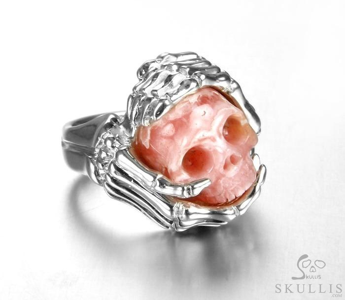 Embrace of Love - US size 9 Rhodochrosite Hand Carved Skull with Skeletal Hands in Silver Ring, Crystal Healing Skull Jewelry, for Women & Men Embrace of Love - US size 9 Rhodochrosite Hand Carved Skull with Skeletal Hands in Silver Ring, Crystal Healing Skull Jewelry, for Women & Men