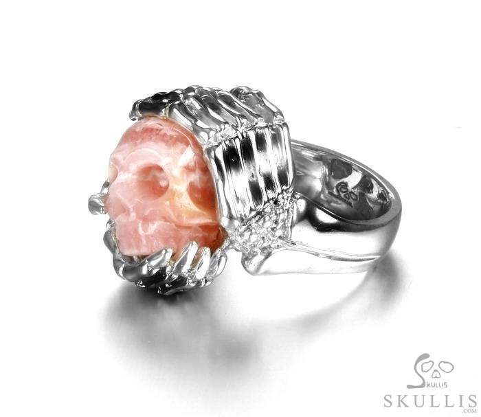 Embrace of Love - US size 9 Rhodochrosite Hand Carved Skull with Skeletal Hands in Silver Ring, Crystal Healing Skull Jewelry, for Women & Men Embrace of Love - US size 9 Rhodochrosite Hand Carved Skull with Skeletal Hands in Silver Ring, Crystal Healing Skull Jewelry, for Women & Men