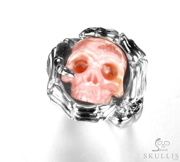 Embrace of Love - US size 9 Rhodochrosite Hand Carved Skull with Skeletal Hands in Silver Ring, Crystal Healing Skull Jewelry, for Women & Men Embrace of Love - US size 9 Rhodochrosite Hand Carved Skull with Skeletal Hands in Silver Ring, Crystal Healing Skull Jewelry, for Women & Men