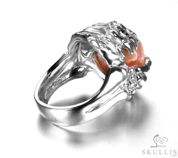 Embrace of Love - US size 9 Rhodochrosite Hand Carved Skull with Skeletal Hands in Silver Ring, Crystal Healing Skull Jewelry, for Women & Men Embrace of Love - US size 9 Rhodochrosite Hand Carved Skull with Skeletal Hands in Silver Ring, Crystal Healing Skull Jewelry, for Women & Men
