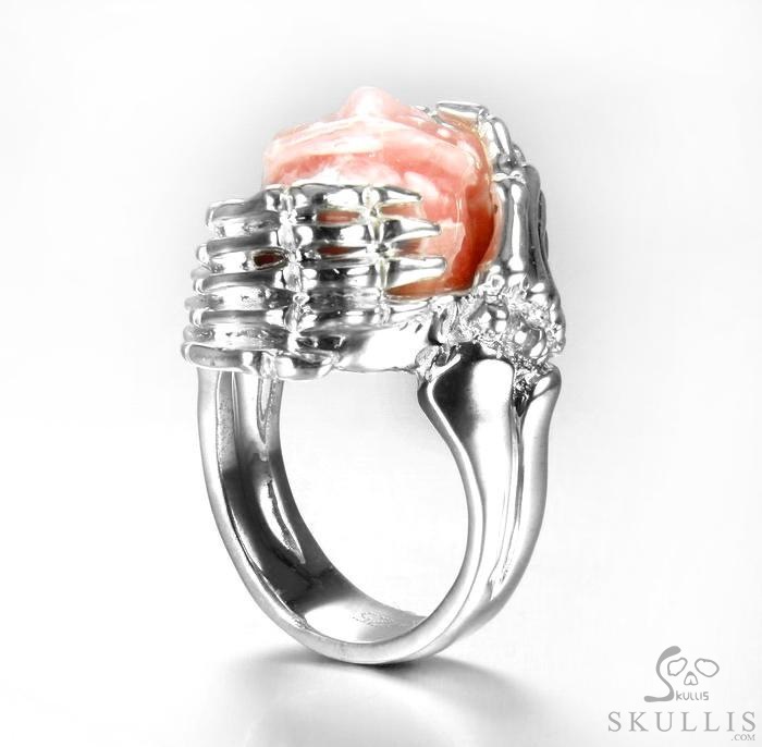 Embrace of Love - US size 9 Rhodochrosite Hand Carved Skull with Skeletal Hands in Silver Ring, Crystal Healing Skull Jewelry, for Women & Men Embrace of Love - US size 9 Rhodochrosite Hand Carved Skull with Skeletal Hands in Silver Ring, Crystal Healing Skull Jewelry, for Women & Men