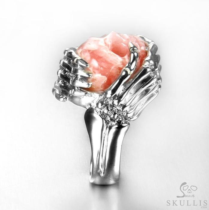 Embrace of Love - US size 9 Rhodochrosite Hand Carved Skull with Skeletal Hands in Silver Ring, Crystal Healing Skull Jewelry, for Women & Men Embrace of Love - US size 9 Rhodochrosite Hand Carved Skull with Skeletal Hands in Silver Ring, Crystal Healing Skull Jewelry, for Women & Men