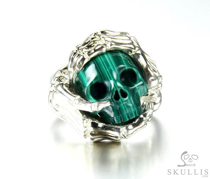 Embrace of Love - US size 12.5 Malachite Hand Carved Skull with Skeletal Hands in Silver Ring, Crystal Healing Skull Jewelry, for Women & Men Embrace of Love - US size 12.5 Malachite Hand Carved Skull with Skeletal Hands in Silver Ring, Crystal Healing Skull Jewelry, for Women & Men