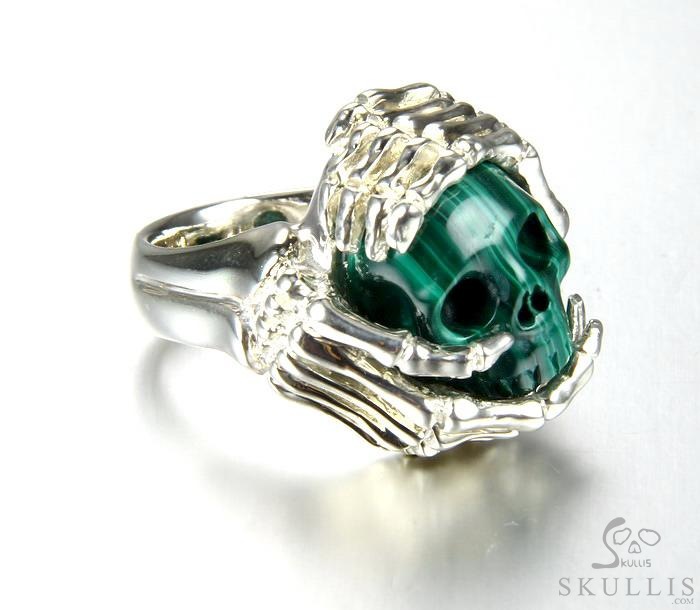 Embrace of Love - US size 12.5 Malachite Hand Carved Skull with Skeletal Hands in Silver Ring, Crystal Healing Skull Jewelry, for Women & Men Embrace of Love - US size 12.5 Malachite Hand Carved Skull with Skeletal Hands in Silver Ring, Crystal Healing Skull Jewelry, for Women & Men