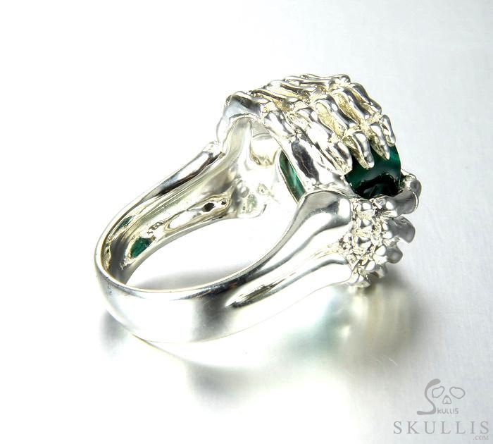 Embrace of Love - US size 12.5 Malachite Hand Carved Skull with Skeletal Hands in Silver Ring, Crystal Healing Skull Jewelry, for Women & Men Embrace of Love - US size 12.5 Malachite Hand Carved Skull with Skeletal Hands in Silver Ring, Crystal Healing Skull Jewelry, for Women & Men