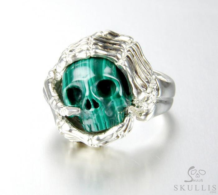 Embrace of Love - US size 12.5 Malachite Hand Carved Skull with Skeletal Hands in Silver Ring, Crystal Healing Skull Jewelry, for Women & Men Embrace of Love - US size 12.5 Malachite Hand Carved Skull with Skeletal Hands in Silver Ring, Crystal Healing Skull Jewelry, for Women & Men