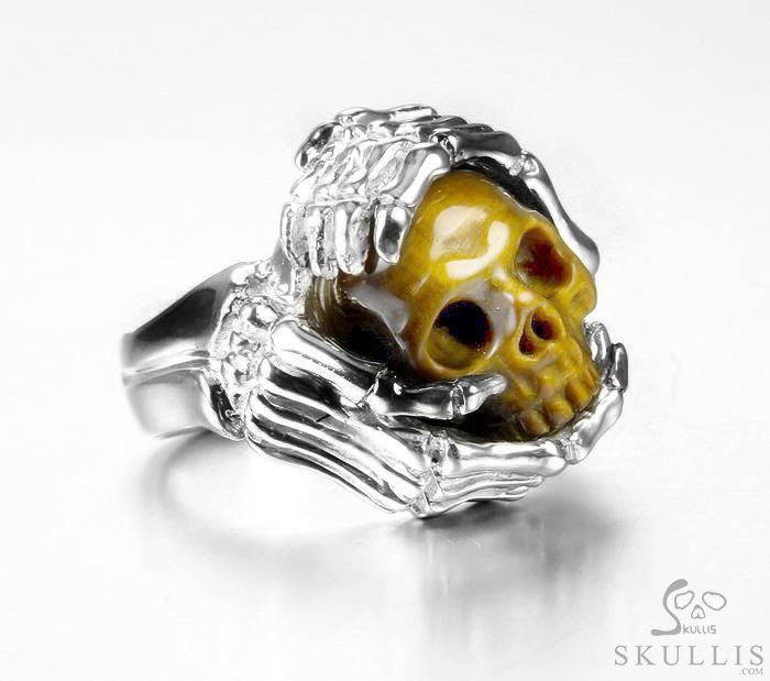 Embrace of Love - US size 9.5 Gold Tiger's Eye Hand Carved Skull with Skeletal Hands in Silver Ring, Crystal Healing Skull Jewelry, for Women & Men Embrace of Love - US size 9.5 Gold Tiger's Eye Hand Carved Skull with Skeletal Hands in Silver Ring, Crystal Healing Skull Jewelry, for Women & Men