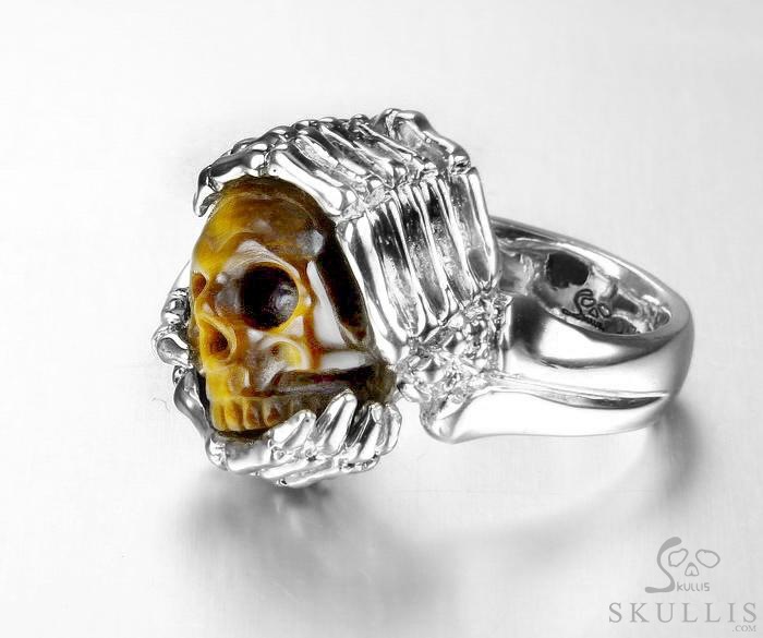 Embrace of Love - US size 9.5 Gold Tiger's Eye Hand Carved Skull with Skeletal Hands in Silver Ring, Crystal Healing Skull Jewelry, for Women & Men Embrace of Love - US size 9.5 Gold Tiger's Eye Hand Carved Skull with Skeletal Hands in Silver Ring, Crystal Healing Skull Jewelry, for Women & Men