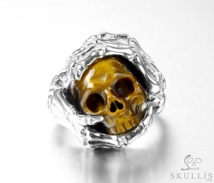Embrace of Love - US size 9.5 Gold Tiger's Eye Hand Carved Skull with Skeletal Hands in Silver Ring, Crystal Healing Skull Jewelry, for Women & Men Embrace of Love - US size 9.5 Gold Tiger's Eye Hand Carved Skull with Skeletal Hands in Silver Ring, Crystal Healing Skull Jewelry, for Women & Men