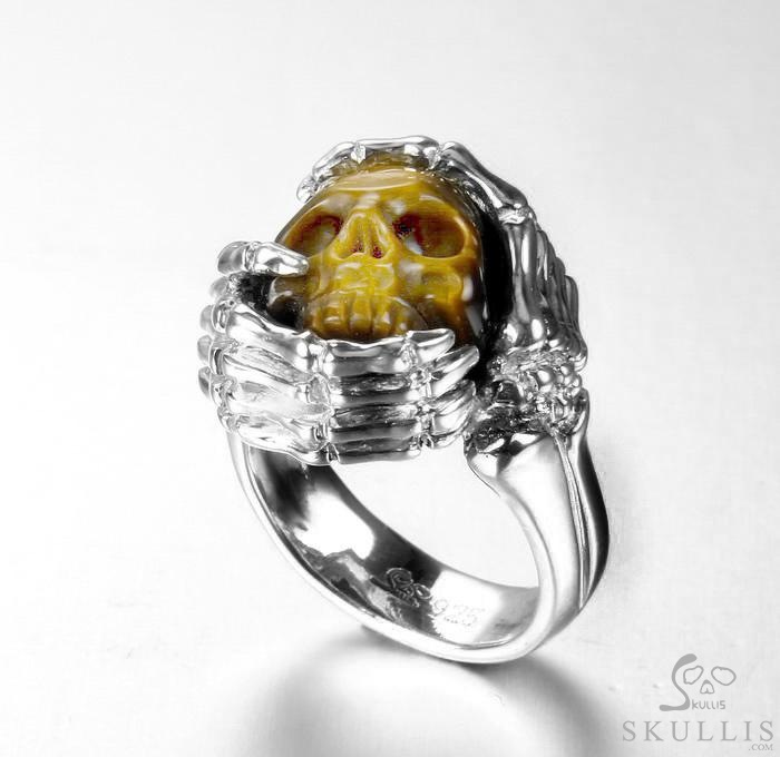 Embrace of Love - US size 9.5 Gold Tiger's Eye Hand Carved Skull with Skeletal Hands in Silver Ring, Crystal Healing Skull Jewelry, for Women & Men Embrace of Love - US size 9.5 Gold Tiger's Eye Hand Carved Skull with Skeletal Hands in Silver Ring, Crystal Healing Skull Jewelry, for Women & Men