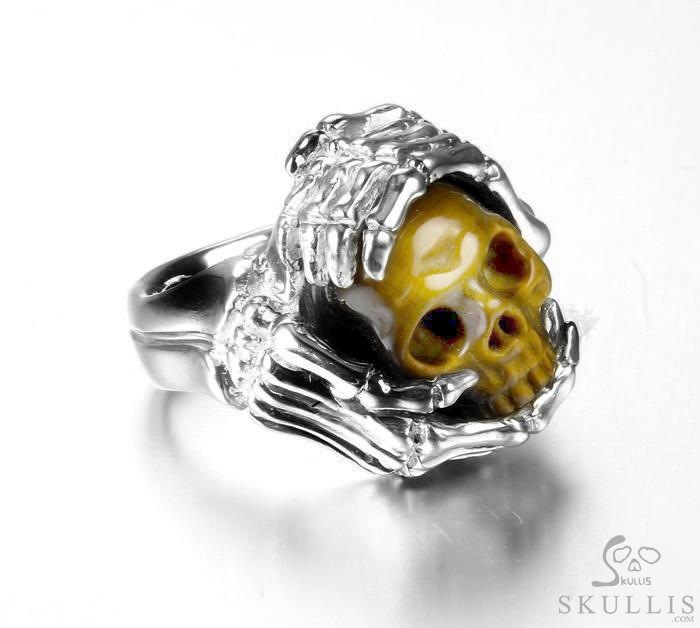 Embrace of Love - US size 9.5 Gold Tiger's Eye Hand Carved Skull with Skeletal Hands in Silver Ring, Crystal Healing Skull Jewelry, for Women & Men Embrace of Love - US size 9.5 Gold Tiger's Eye Hand Carved Skull with Skeletal Hands in Silver Ring, Crystal Healing Skull Jewelry, for Women & Men