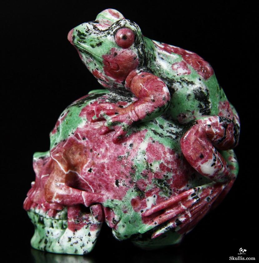 Amazing Gemstone 3.5" Ruby Zoisite Carved Crystal Skull with Frog Sculpture Amazing Gemstone 3.5" Ruby Zoisite Carved Crystal Skull with Frog Sculpture