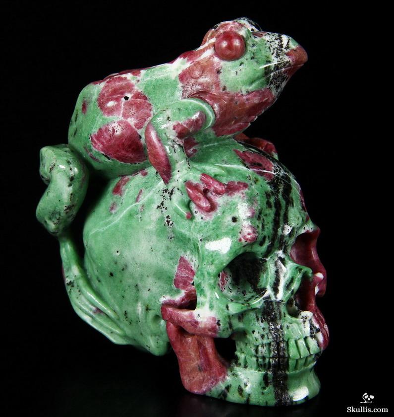 Amazing Gemstone 3.5" Ruby Zoisite Carved Crystal Skull with Frog Sculpture Amazing Gemstone 3.5" Ruby Zoisite Carved Crystal Skull with Frog Sculpture