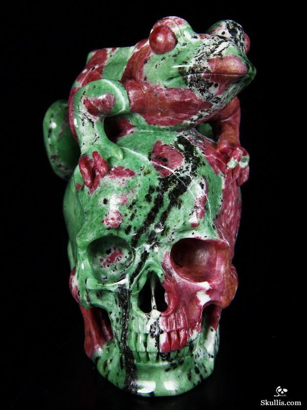 Amazing Gemstone 3.5" Ruby Zoisite Carved Crystal Skull with Frog Sculpture Amazing Gemstone 3.5" Ruby Zoisite Carved Crystal Skull with Frog Sculpture