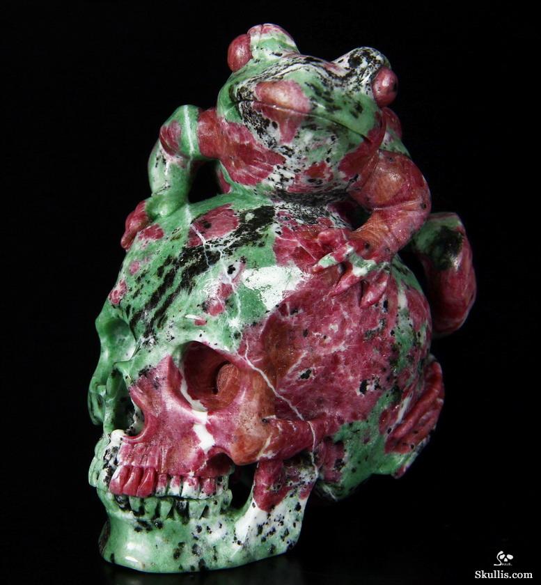 Amazing Gemstone 3.5" Ruby Zoisite Carved Crystal Skull with Frog Sculpture Amazing Gemstone 3.5" Ruby Zoisite Carved Crystal Skull with Frog Sculpture