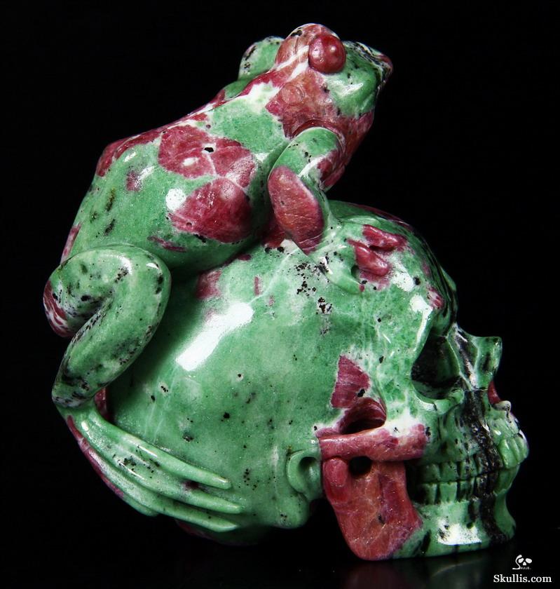 Amazing Gemstone 3.5" Ruby Zoisite Carved Crystal Skull with Frog Sculpture Amazing Gemstone 3.5" Ruby Zoisite Carved Crystal Skull with Frog Sculpture