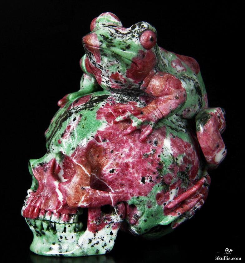 Amazing Gemstone 3.5" Ruby Zoisite Carved Crystal Skull with Frog Sculpture Amazing Gemstone 3.5" Ruby Zoisite Carved Crystal Skull with Frog Sculpture