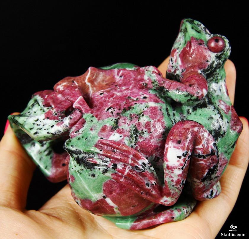 Amazing Gemstone 3.5" Ruby Zoisite Carved Crystal Skull with Frog Sculpture Amazing Gemstone 3.5" Ruby Zoisite Carved Crystal Skull with Frog Sculpture