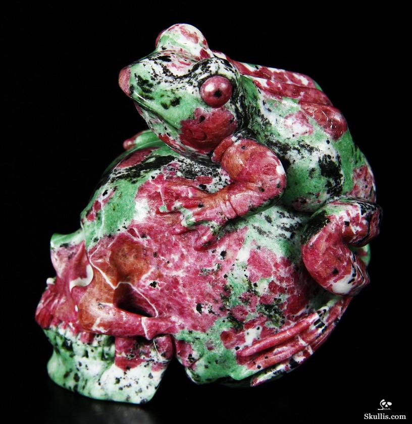 Amazing Gemstone 3.5" Ruby Zoisite Carved Crystal Skull with Frog Sculpture Amazing Gemstone 3.5" Ruby Zoisite Carved Crystal Skull with Frog Sculpture