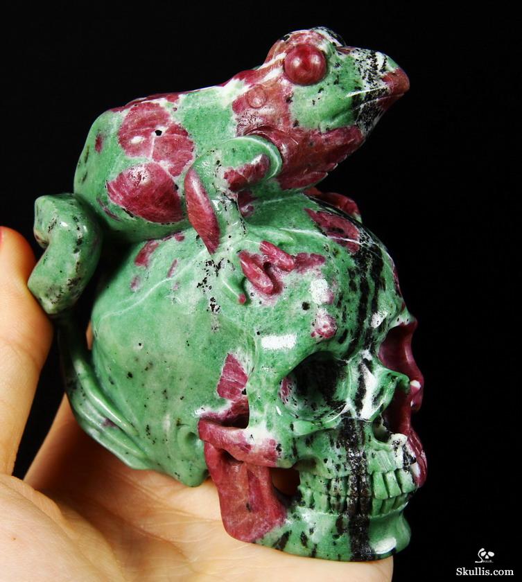 Amazing Gemstone 3.5" Ruby Zoisite Carved Crystal Skull with Frog Sculpture Amazing Gemstone 3.5" Ruby Zoisite Carved Crystal Skull with Frog Sculpture