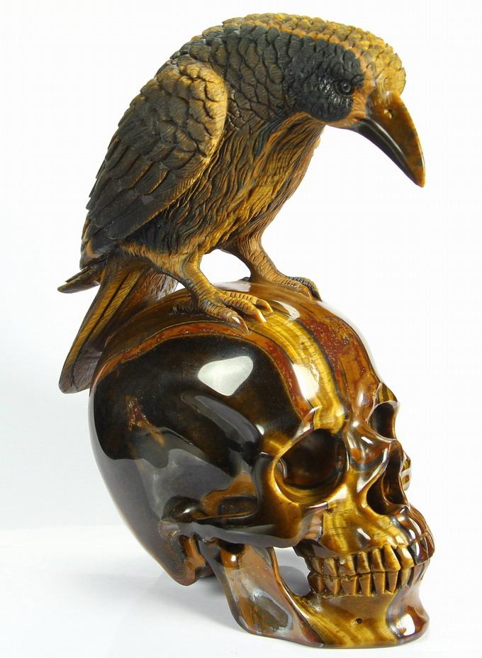 Amazing Flash Gemstone Huge 6 7 Gold Tiger Eye Carved Crystal Skull With Raven Sculpture Skullis Gemstone Crystal Skulls