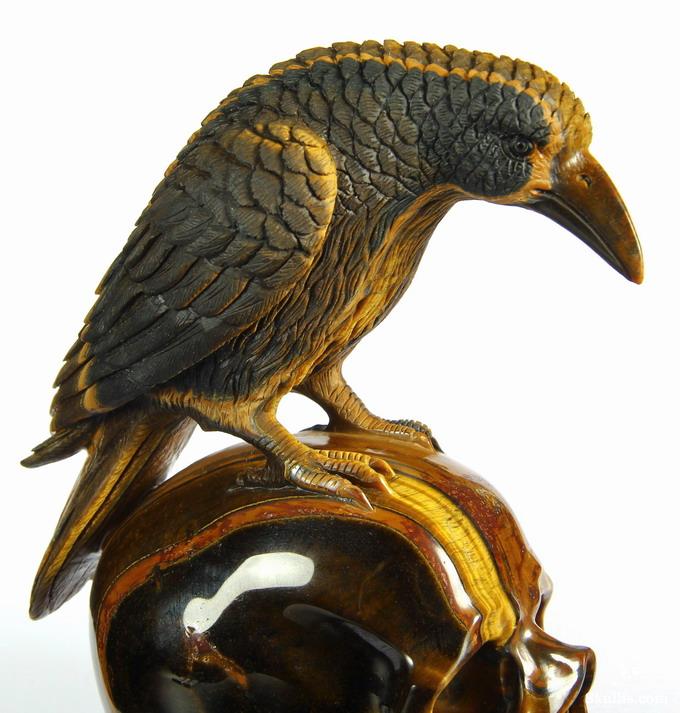 Amazing Flash Gemstone Huge 6.7" Gold Tiger Eye Carved Crystal Skull with Raven Sculpture Amazing Flash Gemstone Huge 6.7" Gold Tiger Eye Carved Crystal Skull with Raven Sculpture