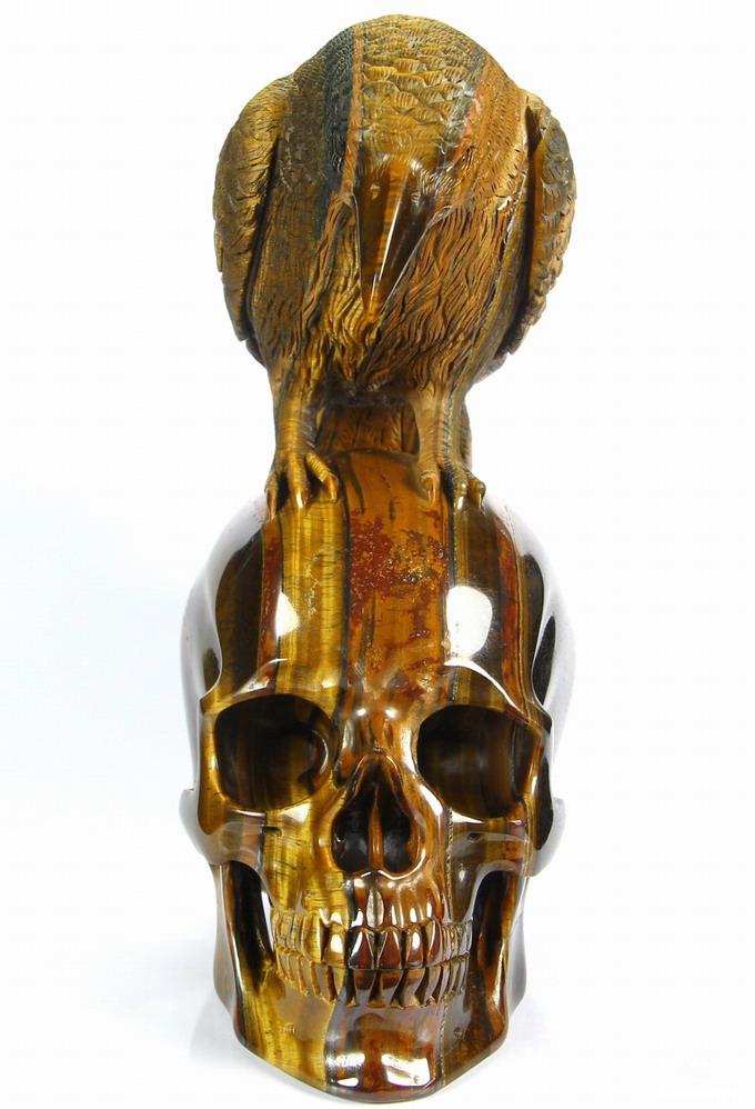 Amazing Flash Gemstone Huge 6.7" Gold Tiger Eye Carved Crystal Skull with Raven Sculpture Amazing Flash Gemstone Huge 6.7" Gold Tiger Eye Carved Crystal Skull with Raven Sculpture