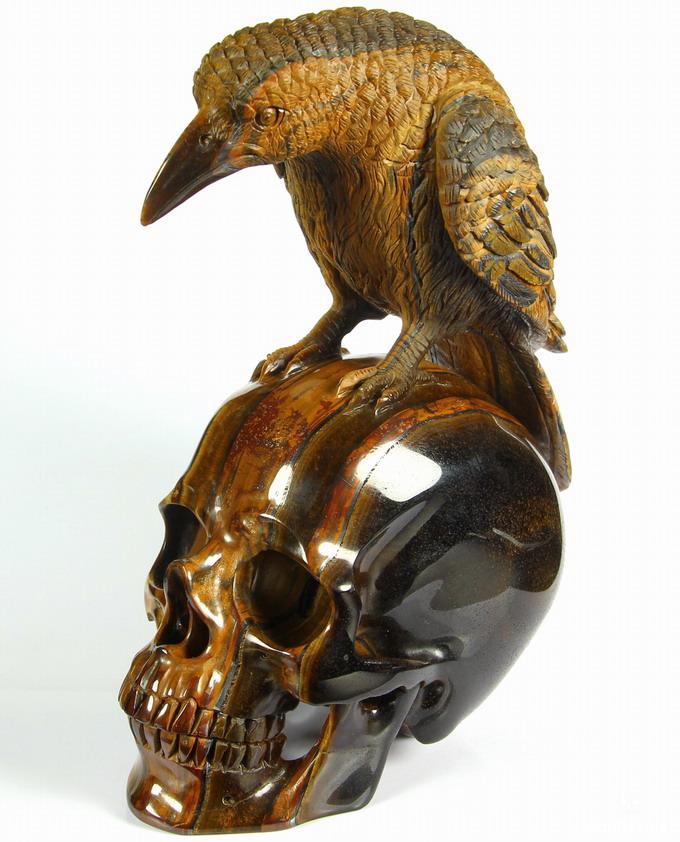 Amazing Flash Gemstone Huge 6.7" Gold Tiger Eye Carved Crystal Skull with Raven Sculpture Amazing Flash Gemstone Huge 6.7" Gold Tiger Eye Carved Crystal Skull with Raven Sculpture