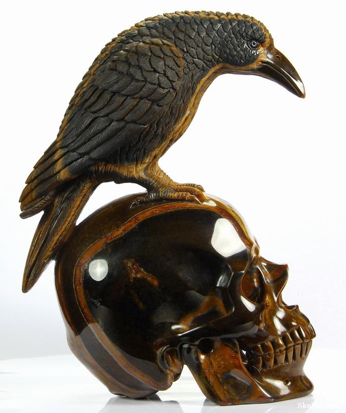Amazing Flash Gemstone Huge 6.7" Gold Tiger Eye Carved Crystal Skull with Raven Sculpture Amazing Flash Gemstone Huge 6.7" Gold Tiger Eye Carved Crystal Skull with Raven Sculpture