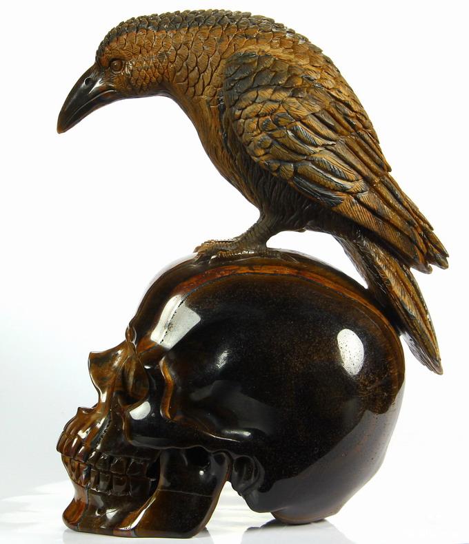 Amazing Flash Gemstone Huge 6.7" Gold Tiger Eye Carved Crystal Skull with Raven Sculpture Amazing Flash Gemstone Huge 6.7" Gold Tiger Eye Carved Crystal Skull with Raven Sculpture