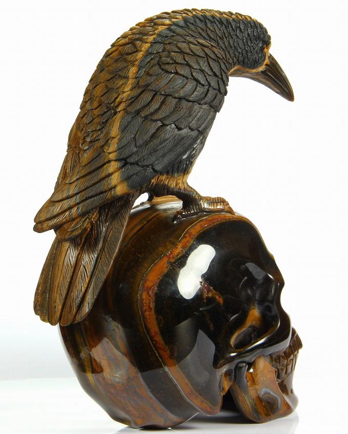 Amazing Flash Gemstone Huge 6.7" Gold Tiger Eye Carved Crystal Skull with Raven Sculpture Amazing Flash Gemstone Huge 6.7" Gold Tiger Eye Carved Crystal Skull with Raven Sculpture