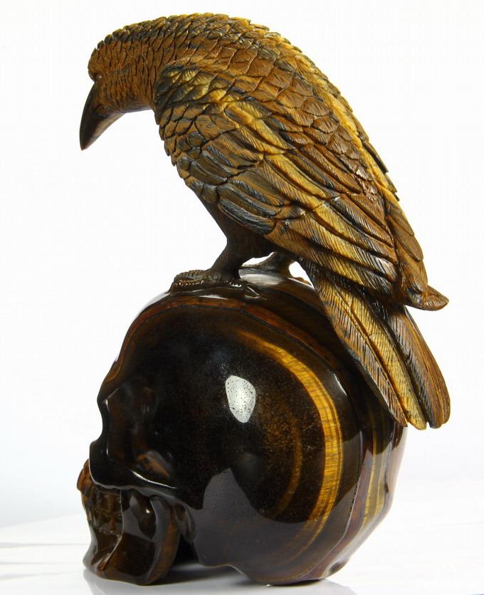 Amazing Flash Gemstone Huge 6.7" Gold Tiger Eye Carved Crystal Skull with Raven Sculpture Amazing Flash Gemstone Huge 6.7" Gold Tiger Eye Carved Crystal Skull with Raven Sculpture