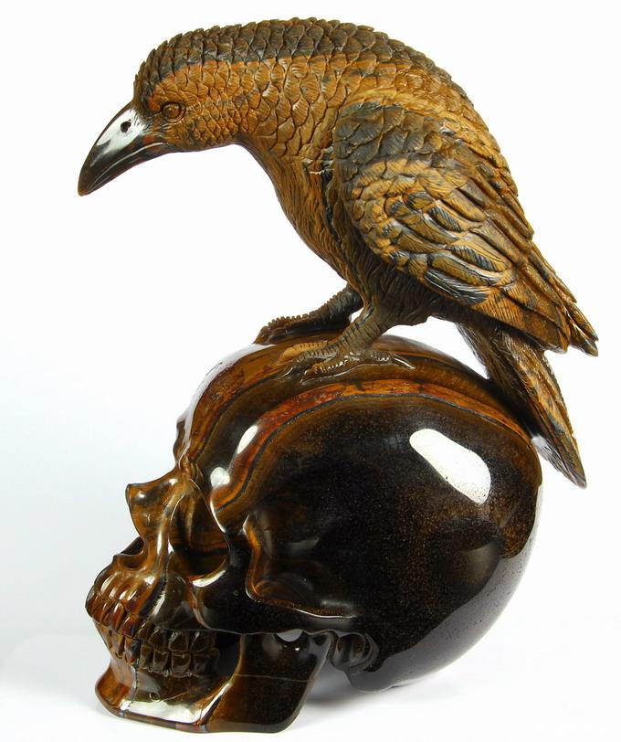 Amazing Flash Gemstone Huge 6.7" Gold Tiger Eye Carved Crystal Skull with Raven Sculpture Amazing Flash Gemstone Huge 6.7" Gold Tiger Eye Carved Crystal Skull with Raven Sculpture