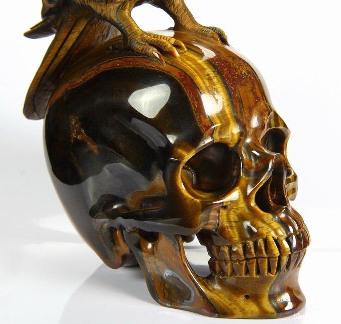 Amazing Flash Gemstone Huge 6.7" Gold Tiger Eye Carved Crystal Skull with Raven Sculpture Amazing Flash Gemstone Huge 6.7" Gold Tiger Eye Carved Crystal Skull with Raven Sculpture