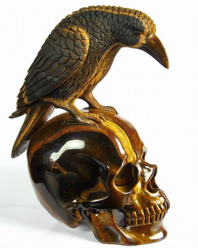 Amazing Flash Gemstone Huge 6.7" Gold Tiger Eye Carved Crystal Skull with Raven Sculpture Amazing Flash Gemstone Huge 6.7" Gold Tiger Eye Carved Crystal Skull with Raven Sculpture