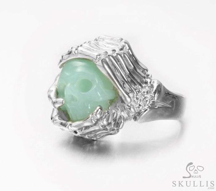 Embrace of Love - US size 8 Chrysoprase Hand Carved Skull with Skeletal Hands in Silver Ring, Crystal Healing Skull Jewelry, for Women & Men Embrace of Love - US size 8 Chrysoprase Hand Carved Skull with Skeletal Hands in Silver Ring, Crystal Healing Skull Jewelry, for Women & Men
