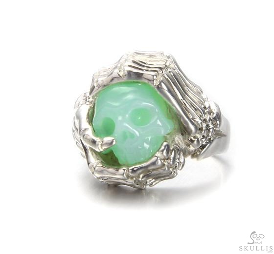 Embrace of Love - US size 8 Chrysoprase Hand Carved Skull with Skeletal Hands in Silver Ring, Crystal Healing Skull Jewelry, for Women & Men Embrace of Love - US size 8 Chrysoprase Hand Carved Skull with Skeletal Hands in Silver Ring, Crystal Healing Skull Jewelry, for Women & Men