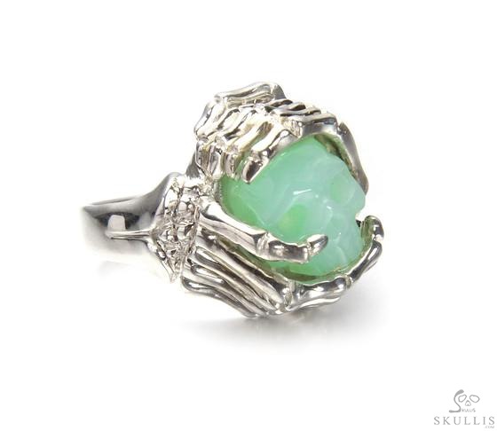 Embrace of Love - US size 8 Chrysoprase Hand Carved Skull with Skeletal Hands in Silver Ring, Crystal Healing Skull Jewelry, for Women & Men Embrace of Love - US size 8 Chrysoprase Hand Carved Skull with Skeletal Hands in Silver Ring, Crystal Healing Skull Jewelry, for Women & Men