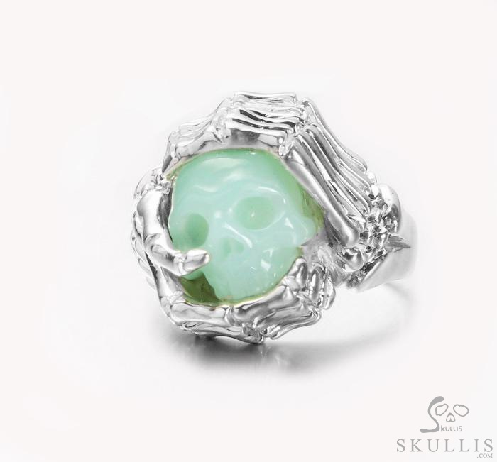 Embrace of Love - US size 8 Chrysoprase Hand Carved Skull with Skeletal Hands in Silver Ring, Crystal Healing Skull Jewelry, for Women & Men Embrace of Love - US size 8 Chrysoprase Hand Carved Skull with Skeletal Hands in Silver Ring, Crystal Healing Skull Jewelry, for Women & Men