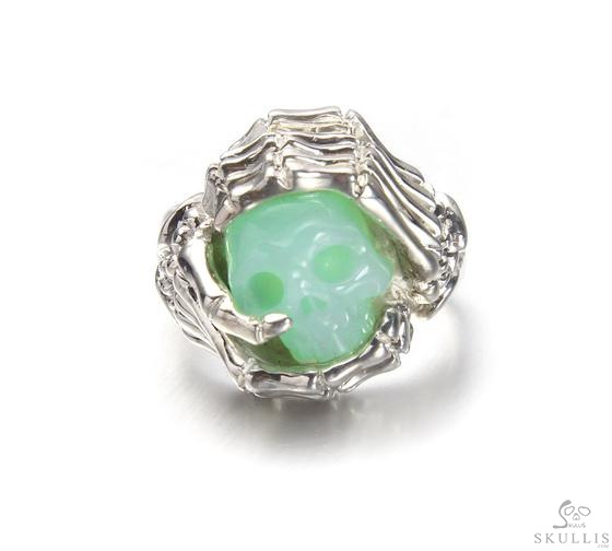 Embrace of Love - US size 8 Chrysoprase Hand Carved Skull with Skeletal Hands in Silver Ring, Crystal Healing Skull Jewelry, for Women & Men Embrace of Love - US size 8 Chrysoprase Hand Carved Skull with Skeletal Hands in Silver Ring, Crystal Healing Skull Jewelry, for Women & Men
