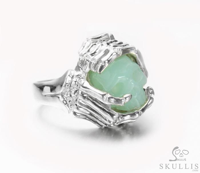 Embrace of Love - US size 8 Chrysoprase Hand Carved Skull with Skeletal Hands in Silver Ring, Crystal Healing Skull Jewelry, for Women & Men Embrace of Love - US size 8 Chrysoprase Hand Carved Skull with Skeletal Hands in Silver Ring, Crystal Healing Skull Jewelry, for Women & Men