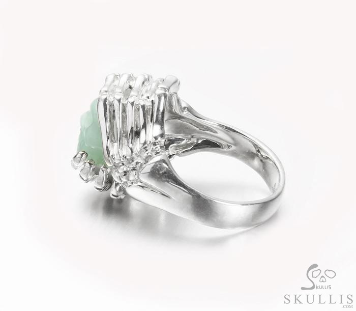 Embrace of Love - US size 8 Chrysoprase Hand Carved Skull with Skeletal Hands in Silver Ring, Crystal Healing Skull Jewelry, for Women & Men Embrace of Love - US size 8 Chrysoprase Hand Carved Skull with Skeletal Hands in Silver Ring, Crystal Healing Skull Jewelry, for Women & Men