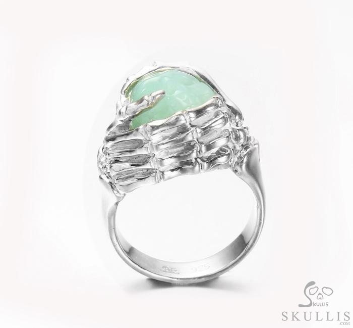 Embrace of Love - US size 8 Chrysoprase Hand Carved Skull with Skeletal Hands in Silver Ring, Crystal Healing Skull Jewelry, for Women & Men Embrace of Love - US size 8 Chrysoprase Hand Carved Skull with Skeletal Hands in Silver Ring, Crystal Healing Skull Jewelry, for Women & Men