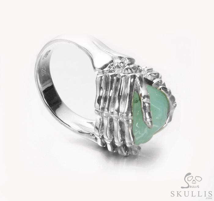 Embrace of Love - US size 8 Chrysoprase Hand Carved Skull with Skeletal Hands in Silver Ring, Crystal Healing Skull Jewelry, for Women & Men Embrace of Love - US size 8 Chrysoprase Hand Carved Skull with Skeletal Hands in Silver Ring, Crystal Healing Skull Jewelry, for Women & Men