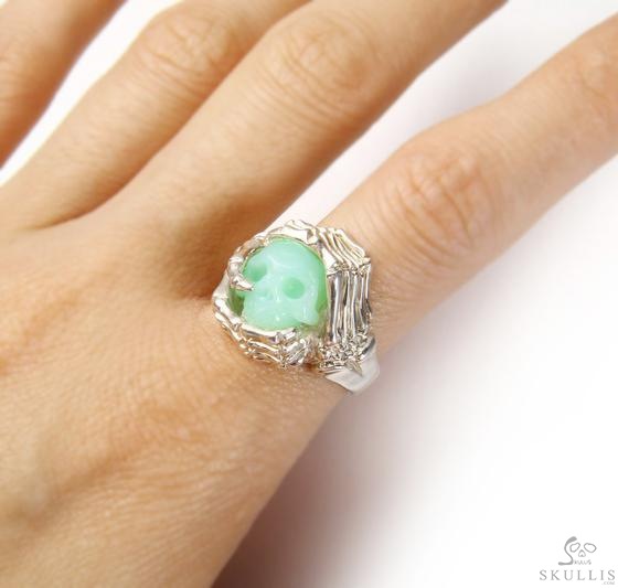 Embrace of Love - US size 8 Chrysoprase Hand Carved Skull with Skeletal Hands in Silver Ring, Crystal Healing Skull Jewelry, for Women & Men Embrace of Love - US size 8 Chrysoprase Hand Carved Skull with Skeletal Hands in Silver Ring, Crystal Healing Skull Jewelry, for Women & Men