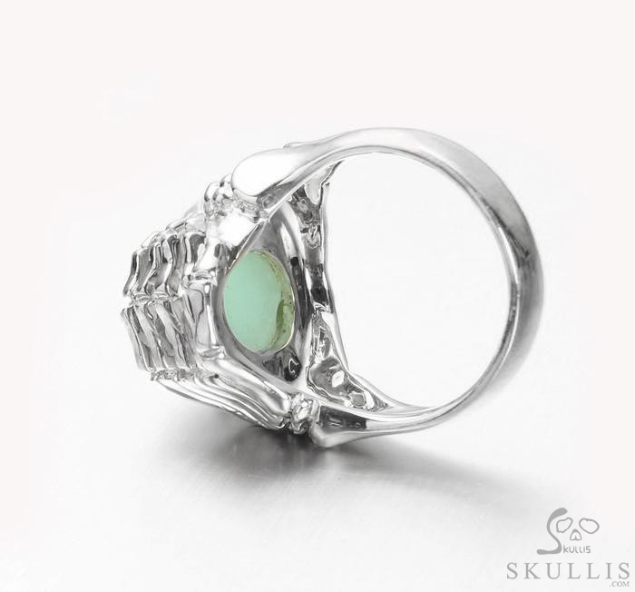 Embrace of Love - US size 8 Chrysoprase Hand Carved Skull with Skeletal Hands in Silver Ring, Crystal Healing Skull Jewelry, for Women & Men Embrace of Love - US size 8 Chrysoprase Hand Carved Skull with Skeletal Hands in Silver Ring, Crystal Healing Skull Jewelry, for Women & Men