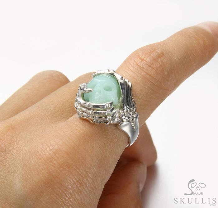 Embrace of Love - US size 8 Chrysoprase Hand Carved Skull with Skeletal Hands in Silver Ring, Crystal Healing Skull Jewelry, for Women & Men Embrace of Love - US size 8 Chrysoprase Hand Carved Skull with Skeletal Hands in Silver Ring, Crystal Healing Skull Jewelry, for Women & Men