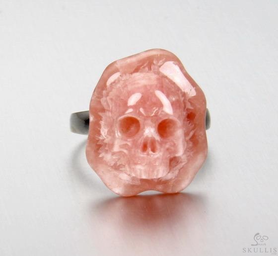 Gemstone Size 8, Rhodochrosite & 925 Sterling Silver Carved Crystal Skull Ring with 925 Sterling Silver Gemstone Size 8, Rhodochrosite & 925 Sterling Silver Carved Crystal Skull Ring with 925 Sterling Silver